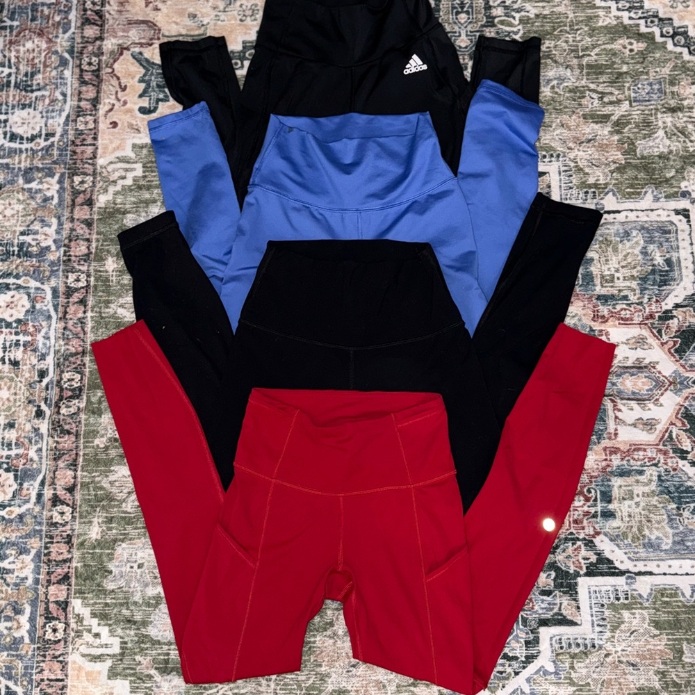 Leggings in Black, Blue, and Red different brands